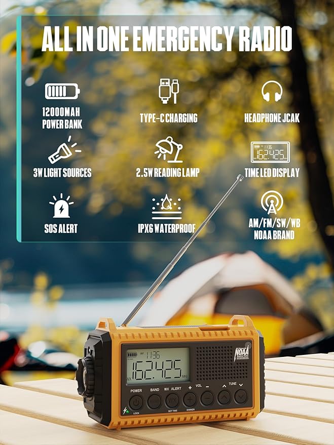 Emergency Radio 12000mAh - NOAA Weather Alert Radio with Auto-Scan & SOS Alarm, Solar Hand Crank 6-Way Power, Flashlight, Reading Lamp for Outdoor, Hiking, Emergencies