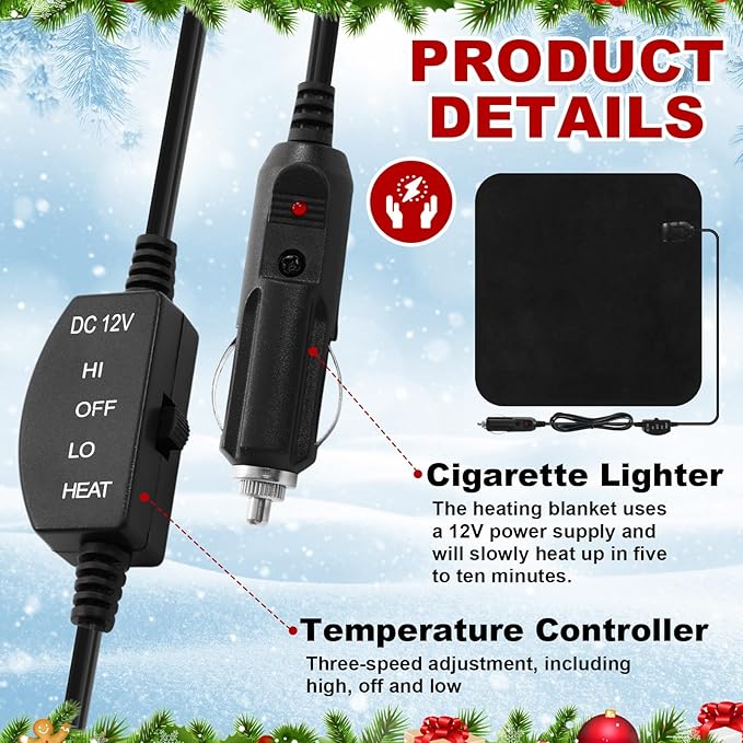 Tuanse 16 x 16 Inches Car Electric Blanket 12 Volt Heated Car Blanket with Temperature Controller and Black Storage Bag Cold Weather Tailgating and Emergency Kit(Black,Blank)