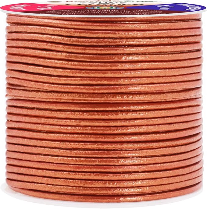 Mandala Crafts Round Genuine Copper Leather Cord for Jewelry Making – 1.5mm Cowhide Leather Rope String Lace for Kumihimo – 20 Yards Cowhide Craft Cording Spool