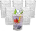 ZMOWIPDL Vintage Glassware Drinking Glasses Set of 6,13 oz Clear Textured Flower Design Glass Water Tumblers，Embossed Striped Drinkware for Water,Cocktails,Juice,Iced Coffee