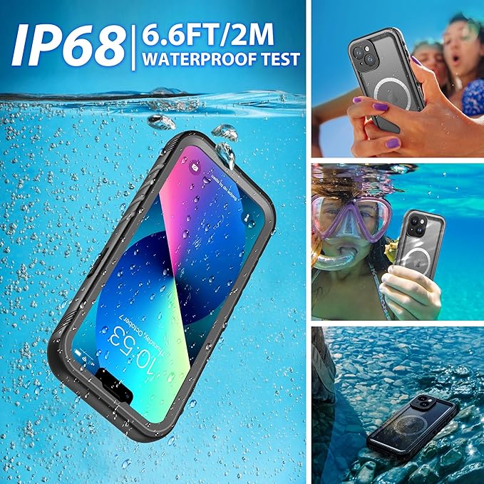 SPORTLINK for iPhone 13 Case Waterproof - Buit in Screen Protector [Compatible with MagSafe][IP68 Underwater][6.6FT Military Dropproof][Dustproof] Full Body Shockproof Case 6.1" Black