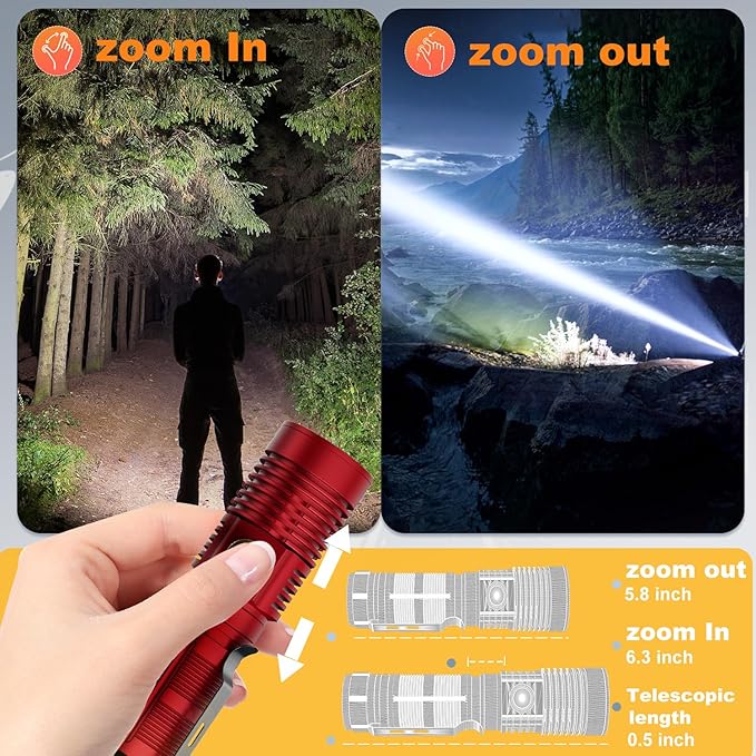 Hoxida Small Tactical Flashlights High Lumens - 1500 Meters Long Beam Super Bright LED Magnetic Flashlight USB Rechargeable Zoomable 5Modes Long Beam Spotlight Flashlight for Hiking, Camping-Red