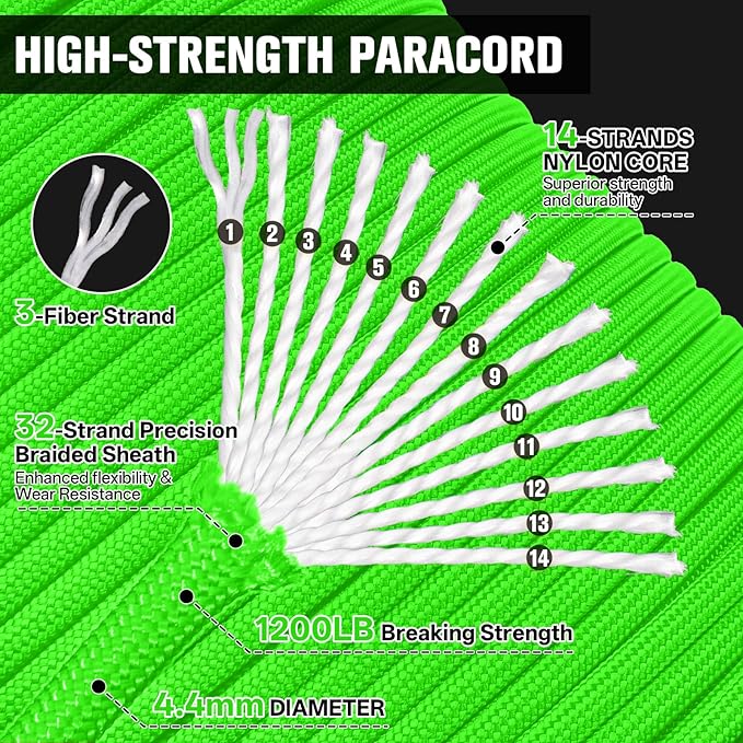 1200 Paracord Rope - 4.4mm 14 Strand Nylon Parachute Spool para Cord Lanyard for Outdoor Camping Survival Utility Tent Crafting DIY Projects Fishing Clothsline Bracelet - Neongreen 100FT