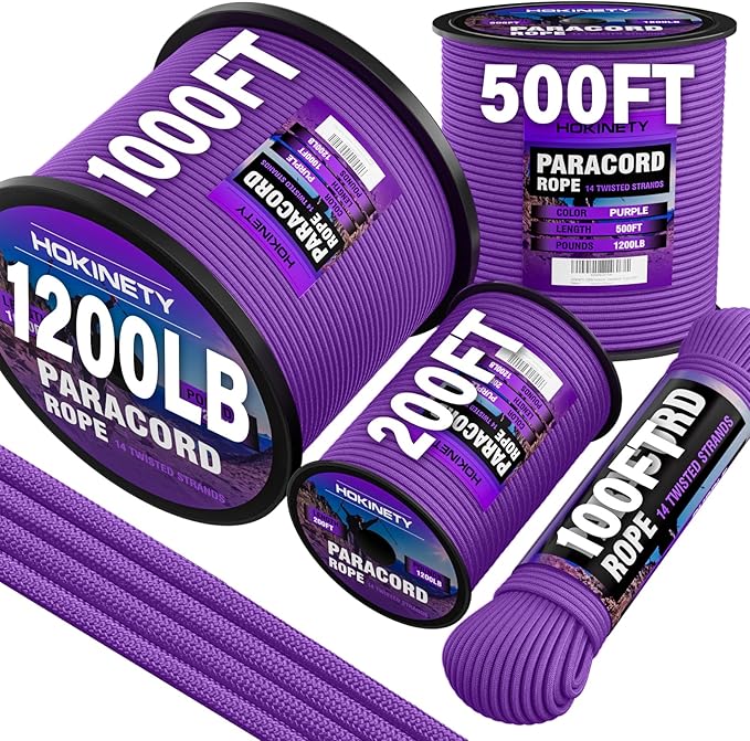 1200 Paracord Rope - 4.4mm 14 Strand Nylon Parachute Spool para Cord Lanyard for Outdoor Camping Survival Utility Tent Crafting DIY Projects Fishing Clothsline Bracelet - Purple 200FT