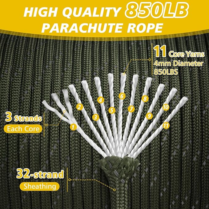 Reflective Parachute Rope 850Ib, 50/100/200/500/1000ft 4MM 11 Strand Paracord Cords, Tactical Paracord String for Camping, Fishing, Hammock, Tent & Survival Bracelet, Army Green 1000FT