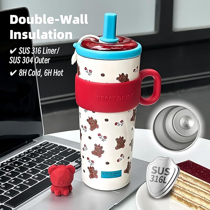 21oz Cute Bear Car Cup with Straw & Cap, Leak-Proof Portable Mug with Tea Strainer, Insulated for Hot/Cold - Ideal for Car, Office, Outdoor (Red)