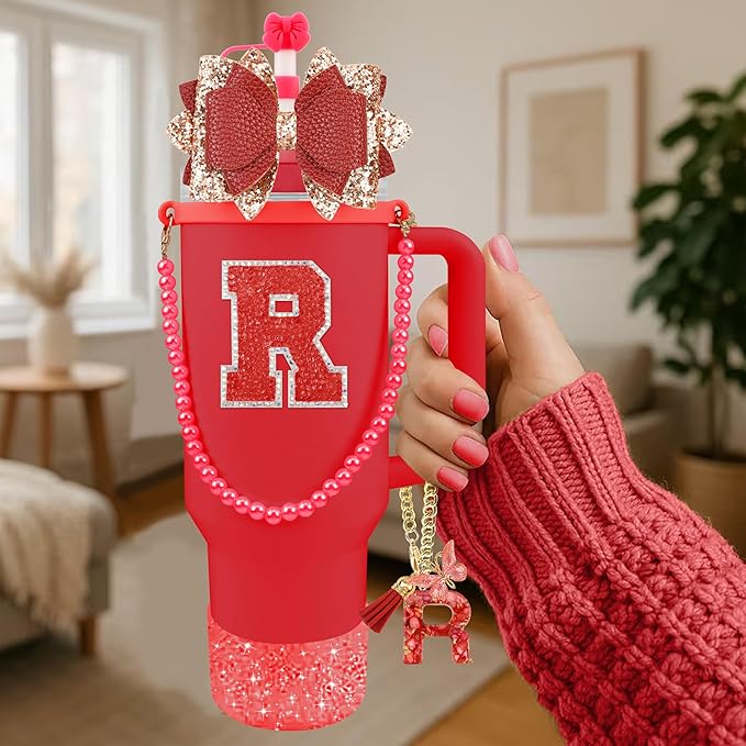 9PCS Red for Stanley Cup Accessories Set Bling Initials Bow Charms for Stanley Decorations 30/40 Oz Tumbler Accessories Including Bow Straw Topper, Handle Strap, Spill Stopper（Letter R）