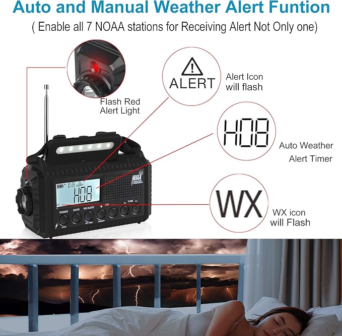 Auto NOAA Digital 5000 Weather Radio with Backlit LCD Screen, 5 Way Powered Solar Hand Crank Portable AM/FM/Shortwave Emergency Radio/Phone Charger,Read Lamp/Camping Flashlight,Earbud Jack,Clock,SOS