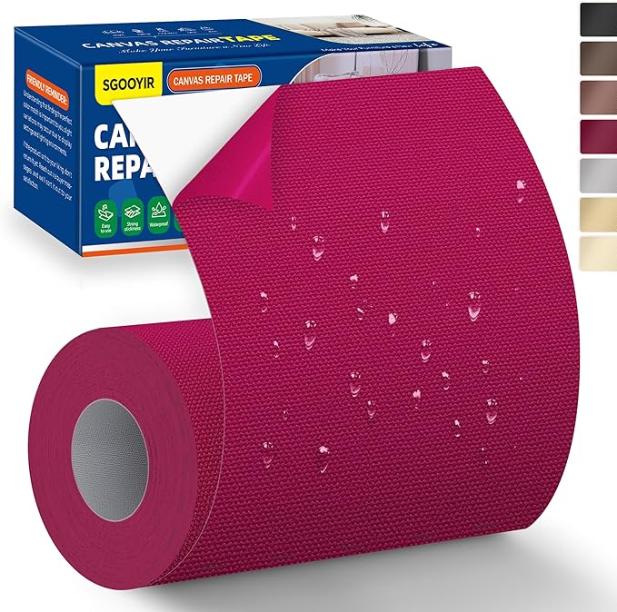 Self-Adhesive Canvas Repair Tape, 4" x 80" Waterproof Canvas Repair Patch, Fabric Patch Repairs Kit for Furniture, Tents, Sunbrellas, Boat Covers Awnings, Couches, Clothes, Bags Wine Red