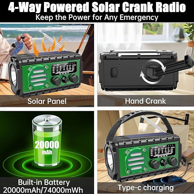 Aivica 20000mah Emergency Radio, SW/NOAA/AM/FM Weather Radio, Solar Powered Hand Crank Chager with Bige Batery Powered,Portable,Cellphone Charge,SOS,Flashlight for Emergency/Home
