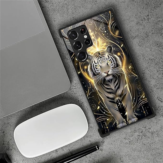 for Samsung Galaxy S22 Ultra Case, White Tiger Golden Mystery Pattern Graphic Design Girl Boy Soft Silicone Hard Acrylic Shock Protection for Samsung Galaxy S22 Ultra