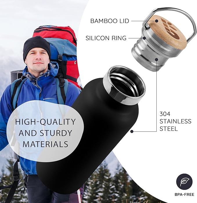 Bambaw Insulated Water Bottle 32 oz, Wide Mouth Stainless Steel Water Bottle with Handle, Made of High-Grade Stainless Steel, Convenient for Hot & Cold Drinks (Jet Black)