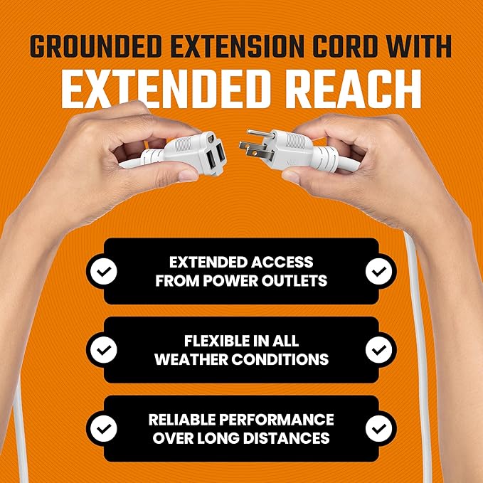Heavy Duty Extension Cord/Wire Power Cable, Indoor/Outdoor, 16/3, Single Outlet, 15 Feet, UL Listed, White