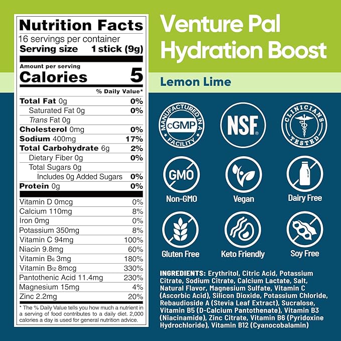 Venture Pal Sugar Free Electrolyte Powder Packets - Liquid Daily IV Hydration Packets for Rapid Rehydration | 7 Electrolytes & 5 Vitamins | Keto Friendly | Non-GMO | Vegan | Fast Dissolve | 16 Sticks