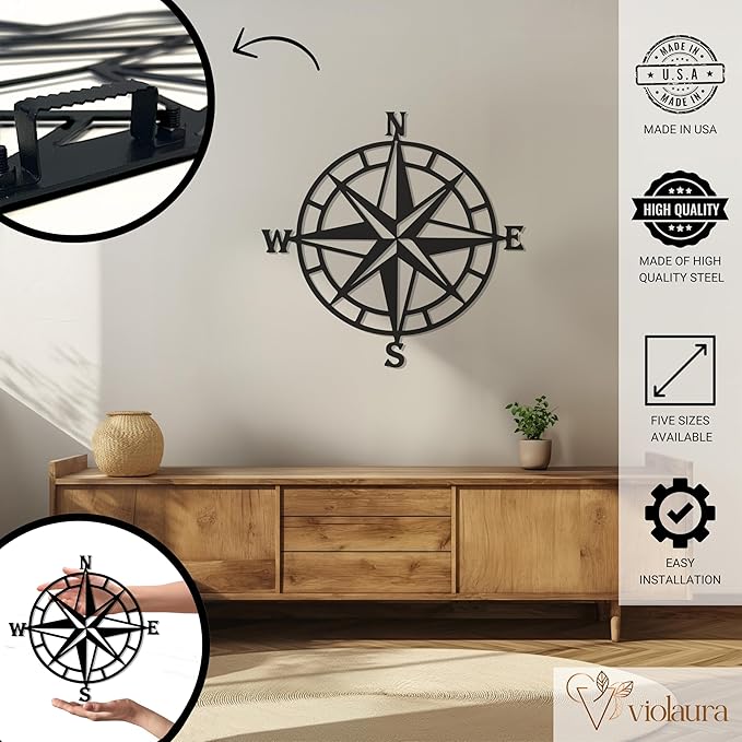 Violaura Compass Rose Metal Wall Art - Easy to Install Hanging Nautical, Directional, Adventure, Navigation, Compass Point, Explorers, Maritime, Wanderlust, Living Room Decor (60" x 60")