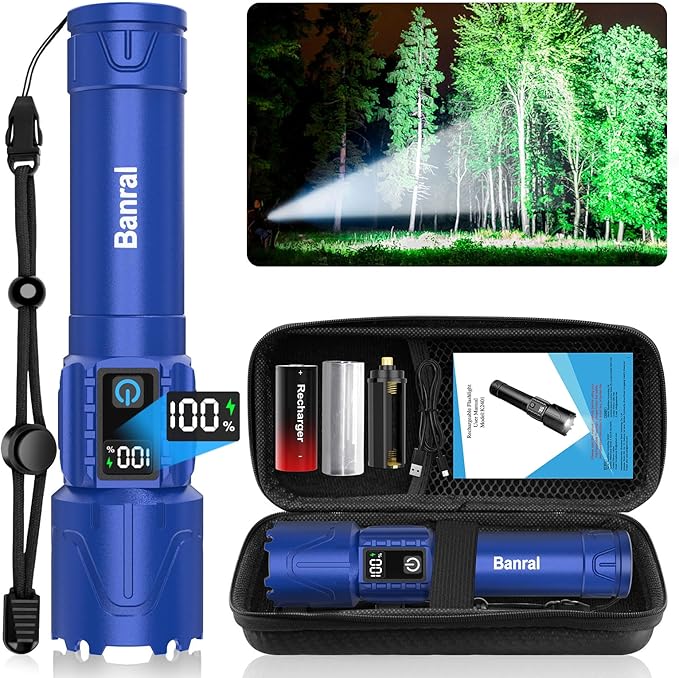 Rechargeable Tactical Flashlights 2000 High Lumens - 5000mAh Super Bright LED Powerful Flash Light, Waterproof Handheld USB C Flashlight for Home,Car,Camping,Emergencies,5 Modes,Zoomable (1, Blue)