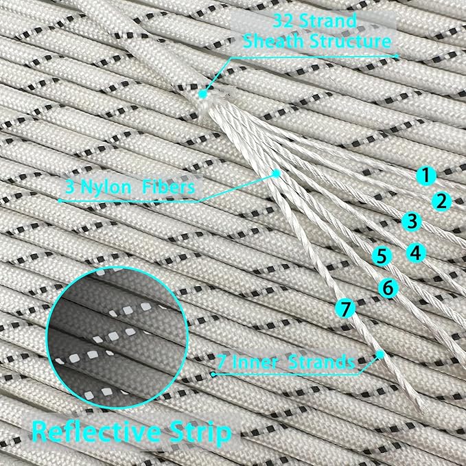 VVAAGG Reflective Paracord Rope 100FT, 7 Strand Nylon para Cord Lanyard Utility 550 Parachute Cord, 4mm Thin Tent Rope for Outdoor Camping Hiking