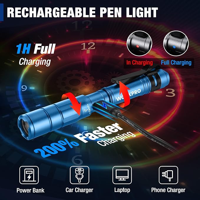 WORKPRO Rechargeable Pen Light, Mini Flashlight, 2 Pack Ultra-Compact EDC Flashlight, Pocket Flashlight with Clip, Memory Function and 2 x USB C Cable Included, Blue