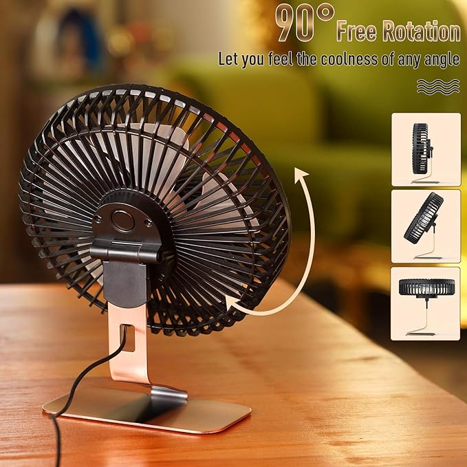 SLENPET 6 inch USB Small Desk Fan, 4 Speeds, Ultra-quiet, 90° Adjustment for Better Cooling, Portable Mini Powerful Desktop Table Fan, Mini Personal Fan for Home Office, Metal Base, Bronze