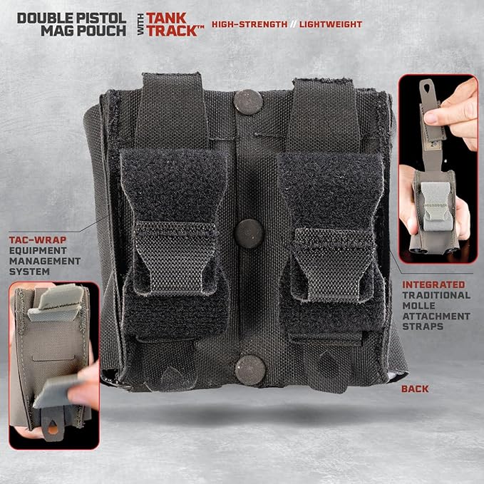 Double Pistol Magazine Pouch, Black, High-Strength Laminate Material, MOLLE Compatible, Magazine Retention System