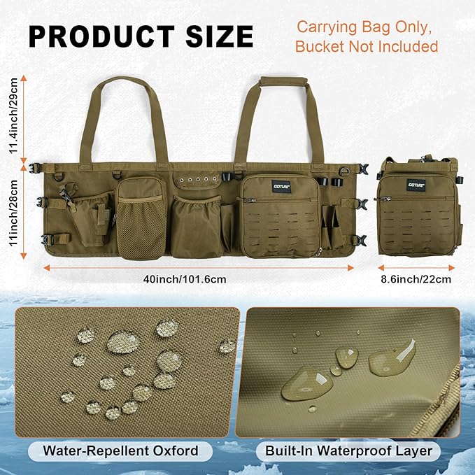 Goture Fishing Bucket Organizer for 5 Gallon Bucket, Heavy-Duty Waterproof Tackle Bag with 15+ Pockets, Ice Auger Holster & Secure Lock Straps for Ice Fishing Gear (Khaki, No Bucket)