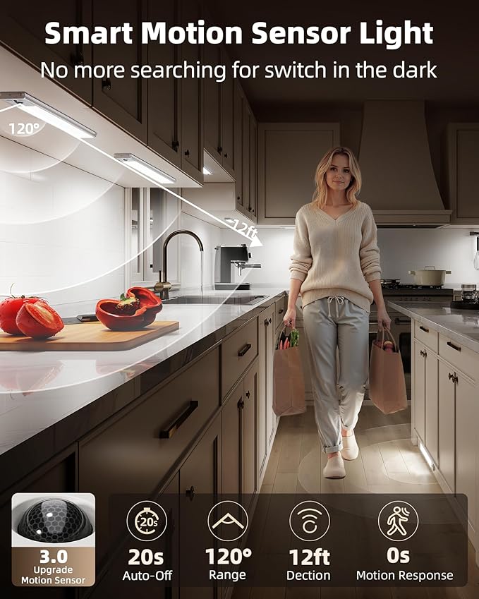 EZVALO 5-Pack Under Cabinet Lighting, 3300mAh Rechargeable Motion Sensor Light, 12inch Magnetic Closet Lights with Dimmable & 3 Color Temps, Wireless Motion Activated Lights with Remote for Kitchen