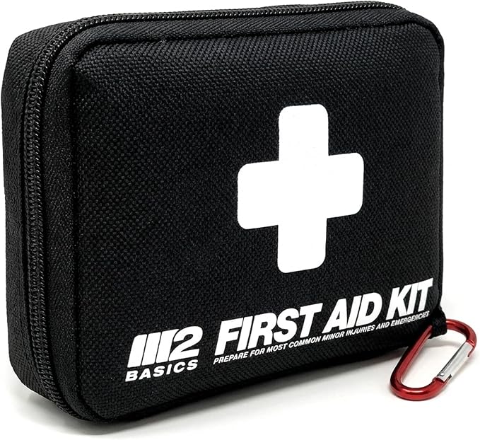 M2 BASICS Compact First Aid Kit, 150 Pieces, Portable Emergency Kit with Carry Bag and Carabiner for Travel, Car, Hiking, Purse