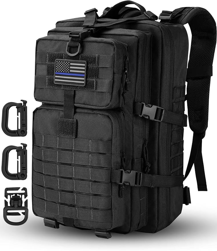 Hannibal Tactical MOLLE Assault Backpack, Tactical Backpack Military Army Camping Rucksack, 3-Day Pack Trip w/USA Flag Patch, D-Rings, Black