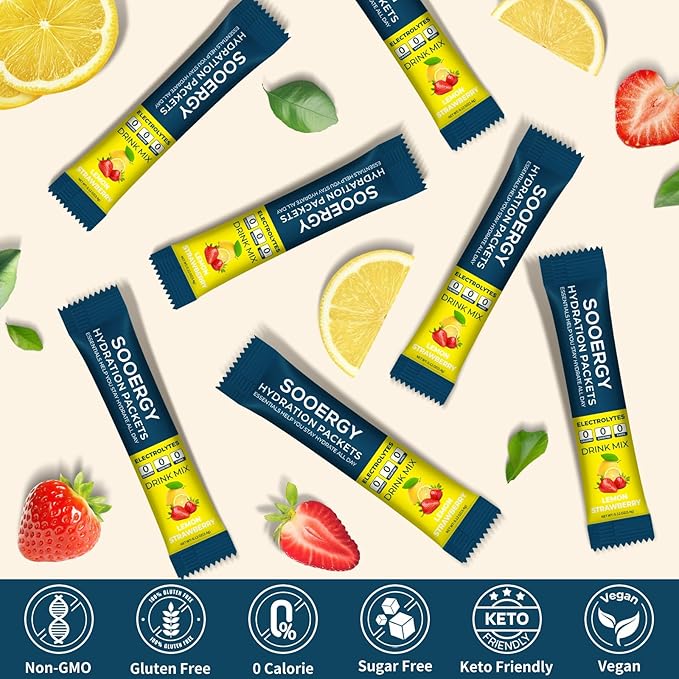 Electrolytes Powder Packets Sugar Free Hydration Packets, Liquid Daily IV Electrolyte Drink Mixex for Rehydration with Electrolytes, Vitamins, 0 Calorie, Lemon Strawberry Flavor, 20 Sticks