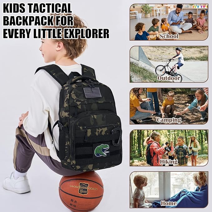 Kids Tactical Backpack Army Molle Bookbag Military Boys Backpack for School, Outdoor, Camping (Includes 2 Patches+1Carabiner), Black CM