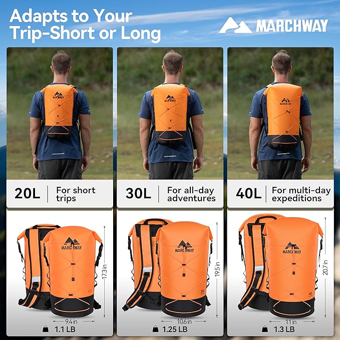 MARCHWAY Floating Roll Top Dry Bag, Flexible Lightweight TPU Waterproof Backpack 20L/30L/40L with Padded Straps for Boating, Kayaking, Swimming, Hiking, Beach (Orange, 40L)