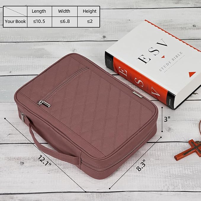 FINDCOZY Bible Cover for Women, Durable Carrying Book Case Church Bag for Biblical Accessories with Handle and Zippered Pocket,Rosewood-Pink