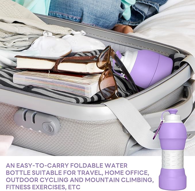 Collapsible Lightweight 20oz Water Bottle, Food-Grade Silicone BPA Free, Foldable Portable Leak Proof Office Travel Cycling Sports Outdoor Water Bottle with Vertical Hook (purple, Short nozzle)
