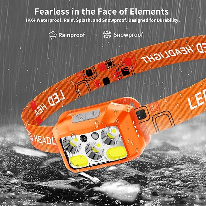 Headlamp Rechargeable LED, 800 Lumens with Red & White Light, 8 Modes, Motion Sensor, USB-C Charging, IPX4 Waterproof (1, Orange)