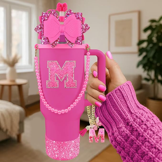 9PCS Hot Pink for Stanley Cup Accessories Set Bling Initials Bow Charms for Stanley Decorations 30/40 Oz Tumbler Accessories Including Bow Straw Topper, Handle Strap, Spill Stopper（Letter M）