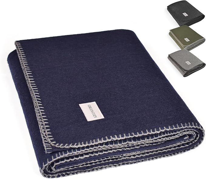 Military Style Wool Blanket – Cushioned, Breathable, Durable, Warm & Washable – Double-Stitched Border–Great for Camping, Outdoor, First Aid, Travel, Car–Fire Retardant – 64"x90" 4.7 lb (Navy Blue)