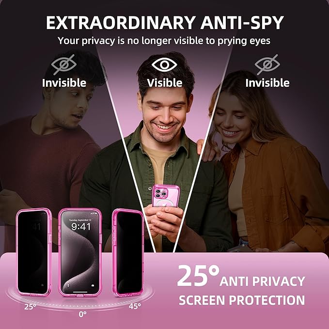 TIESZEN for iPhone 15 Pro Max Case, Compatible with MagSafe,Built-in Privacy Screen Protector and Camera Protection, Anti Spy Full Body Dustproof Shockproof Hard Phone Case 6.7",Bright Pink