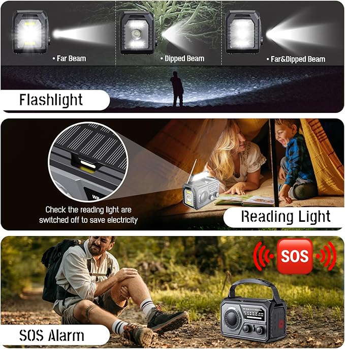 59200mWh Emergency Radio - 16000mAh Portable Solar Hand Crank NOAA/AM/FM Weather Radio with Battery Powered & USB Charger,SOS Alarm,Flashlight, Reading Lamp for Outdoor Camping,Storm,Survival Kits