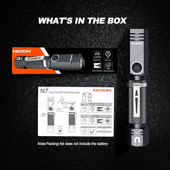 NICRON Flashlight, N7 600 Lumens Tactical Flashlight 2 Pack, 90 Degree Ip65 Waterproof Led Mini Flashlight 4 Modes- Best High Lumens are for Camping, Outdoor, Hiking （Not Including Batteries） Gift
