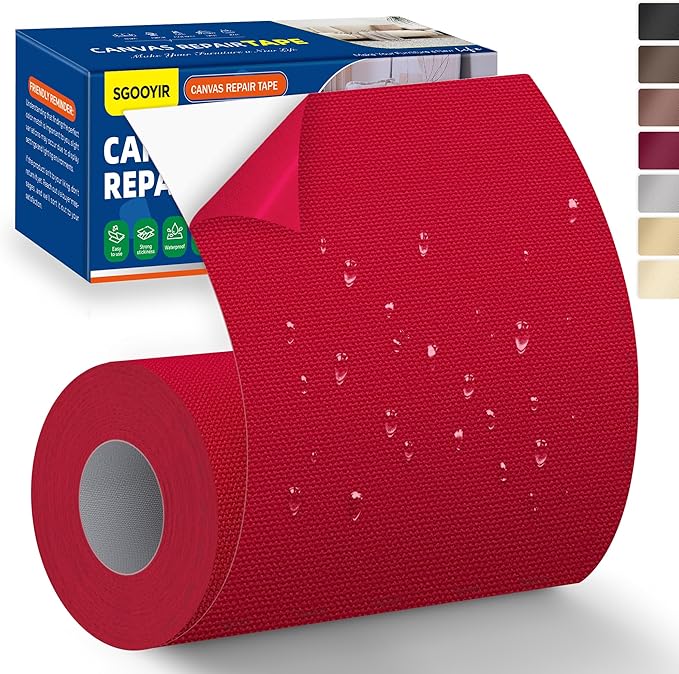 Self-Adhesive Canvas Repair Tape, 4" x 80" Waterproof Canvas Repair Patch, Fabric Patch Repairs Kit for Furniture, Tents, Sunbrellas, Boat Covers Awnings, Couches, Clothes, Bags Red