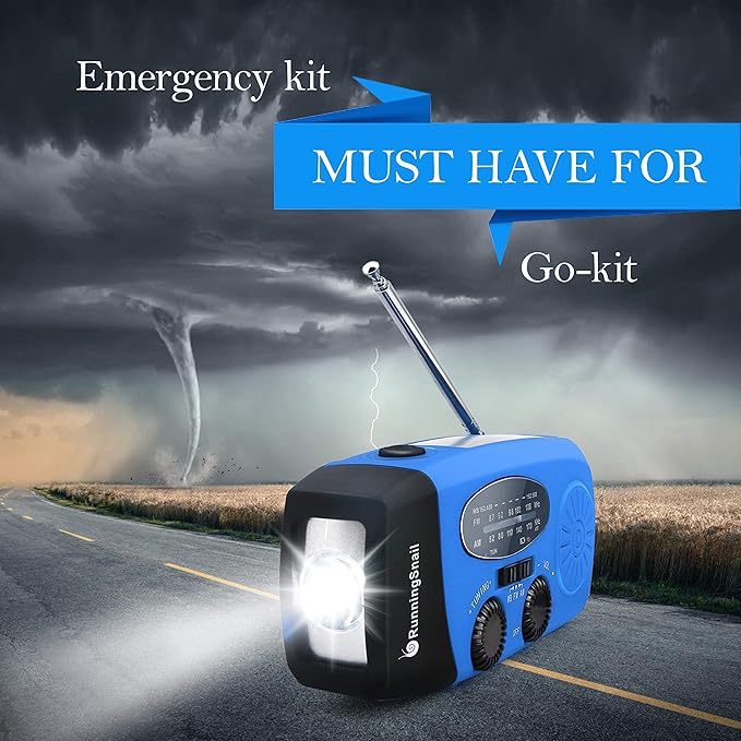Emergency Hand Crank Radio with LED Flashlight for Emergency, AM/FM Portable Weather Radio with 2000mAh Power Bank Phone Charger, USB Charged & Solar Power for Camping, Emergency(Blue)