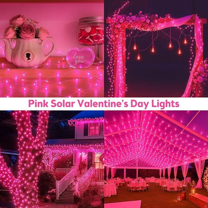 Extra-Long 144FT Solar String Lights for Outside, 2 Pack 400LED Solar Valentine's Day Lights Outdoor Waterproof, Copper Wire 8 Modes Fairy Twinkle Solar Lights for Tree Garden Party Xmas (Pink)