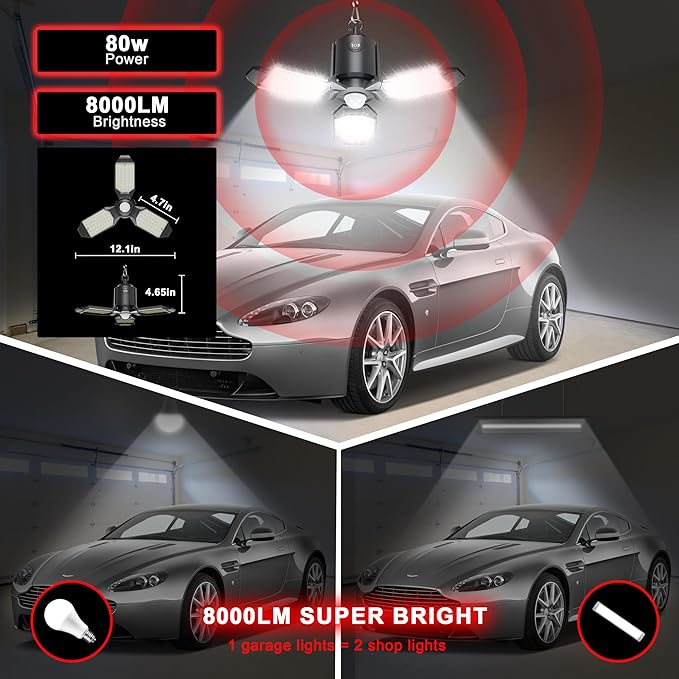 Motion Sensor Garage Light Plug in, 8000LM Shop Light 3 Modes, 3 Deformable LED Panels, 6500K Indoor Motion Sensor Light Bulb for Garage, Barn, Basement (2 Pack)