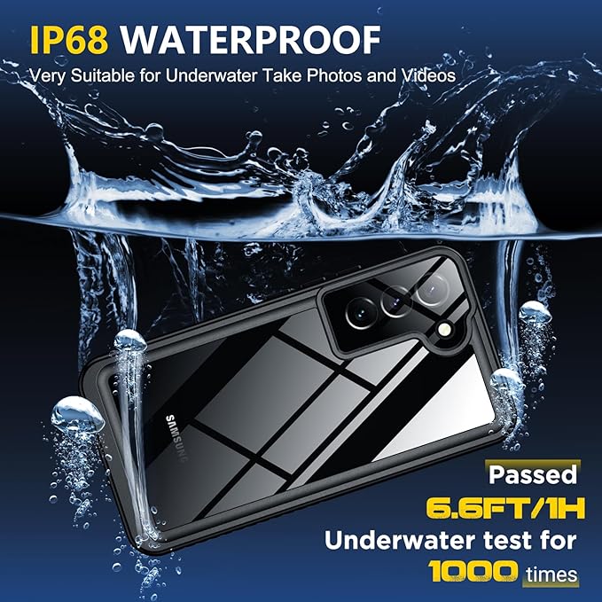 SPIDERCASE for Samsung Galaxy S22 Waterproof Case, [12FT Military-Grade Drop Protection] IP68 Water Resistance [Built-in Screen Protector] Full Body Sealed Protection Phone Case 6.1", Black/Clear