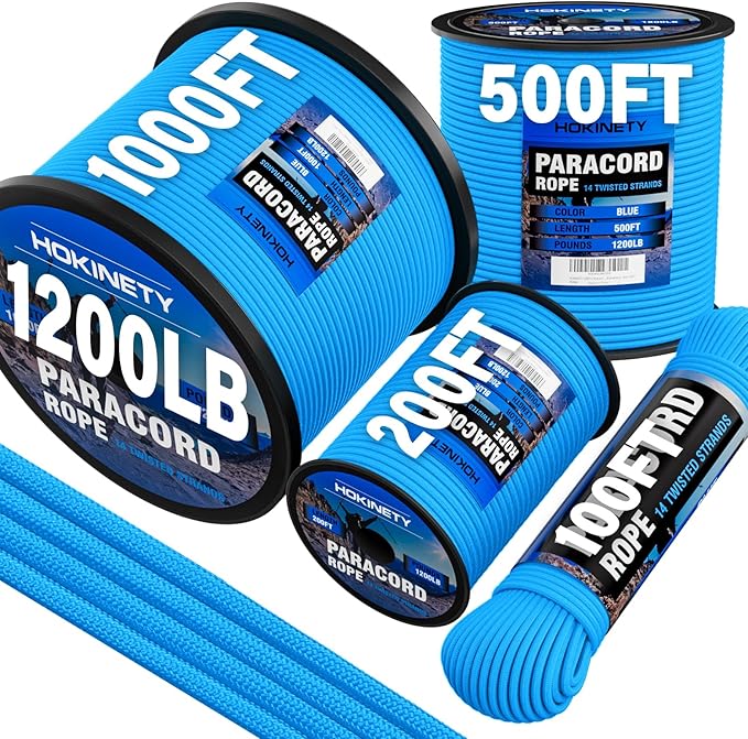 1200 Paracord Rope - 4.4mm 14 Strand Nylon Parachute Spool para Cord Lanyard for Outdoor Camping Survival Utility Tent Crafting DIY Projects Fishing Clothsline Bracelet - Blue 100FT