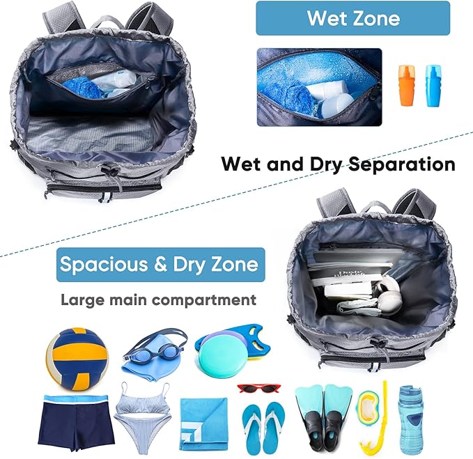 Large Beach Backpack Waterproof Sandproof - Customized Oversized Drawstring Pool Bag with Shoe Compartment for Toiletries, Towels, Gym, Travel