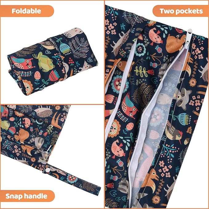 2pcs Cloth Diaper Wet Dry Bags Waterproof Reusable with Two Zippered Pockets Travel Beach Pool Daycare Soiled Baby Items Yoga Gym Bag for Swimsuits or Wet Clothes-Animal