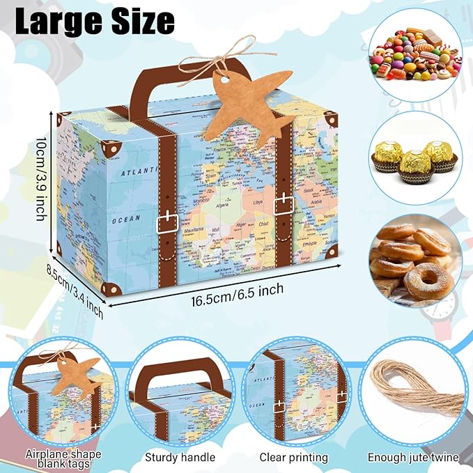 12Pcs Large Suitcase Party Favor Boxes Travel The Map Paper Treat Box with Tags Birthday Supplies Travel Theme Candy Goodie Gift Boxes for Birthday Baby Shower Wedding Adventure Party Table Decoration