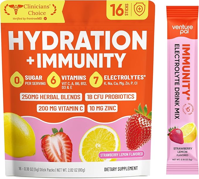 Venture Pal 2-in-1 Hydration + Immune Electrolytes Powder Packets with 7 Electrolytes & 6 Vitamins, Elderberry, Turmeric, Echinacea | Liquid Daily IV Drink Mix | Sugar Free | Keto Friendly, 16 Sticks