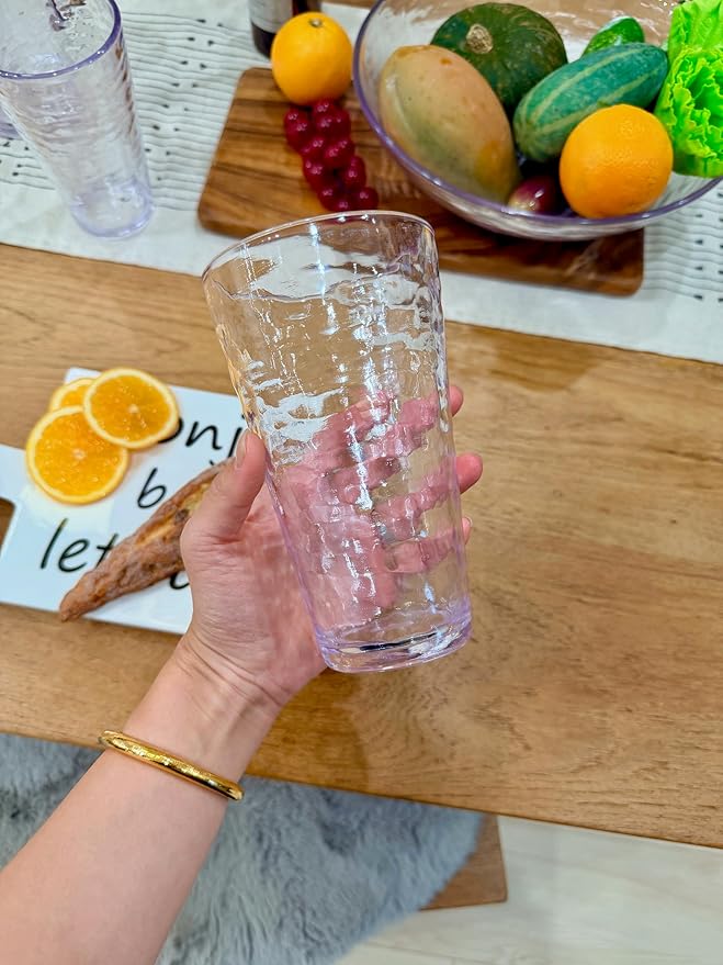 KLIFA- RIPPLE- 22.5 ounce, Set of 6, Acrylic Highball Drinking Glasses Cups, BPA-Free, Stackable Plastic Drinkware, Dishwasher Safe, Clear